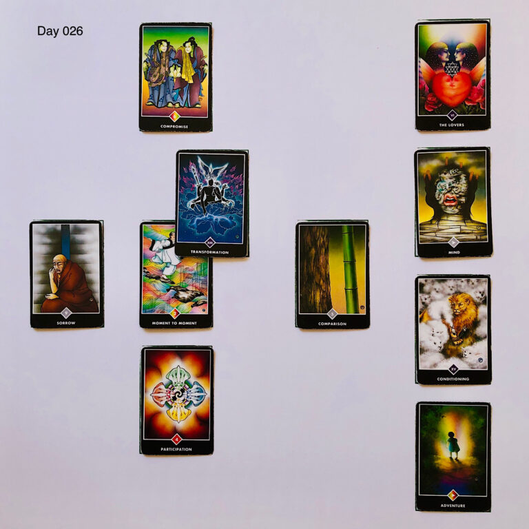 Celtic Cross Layout of daily cards.1 is Now, card is Moment to Moment. 2 is Influence, card is Transformation. 3 is Goal, card is Compromise. 4 is Distant Past, card is Comparison. 5 is Recent Past, card is Participation. 6 is Future Energy, card is Sorrow. 7 is Feelings, card is Adventure. 8 is Others’ views, card is Conditioning. 9 is Hopes & Fears, card is Mind. 10 is Outcome, card is The Lovers.