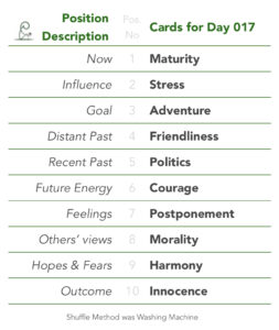 Tabled list: position number, description, and daily card. 1 is Now, card is Maturity. 2 is Influence, card is Stress. 3 is Goal, card is Adventure. 4 is Distant Past, card is Friendliness. 5 is Recent Past, card is Politics. 6 is Future Energy, card is Courage. 7 is Feelings, card is Postponement. 8 is Others’ views, card is Morality. 9 is Hopes & Fears, card is Harmony. 10 is Outcome, card is Innocence. Shuffle Method used was Washing Machine.