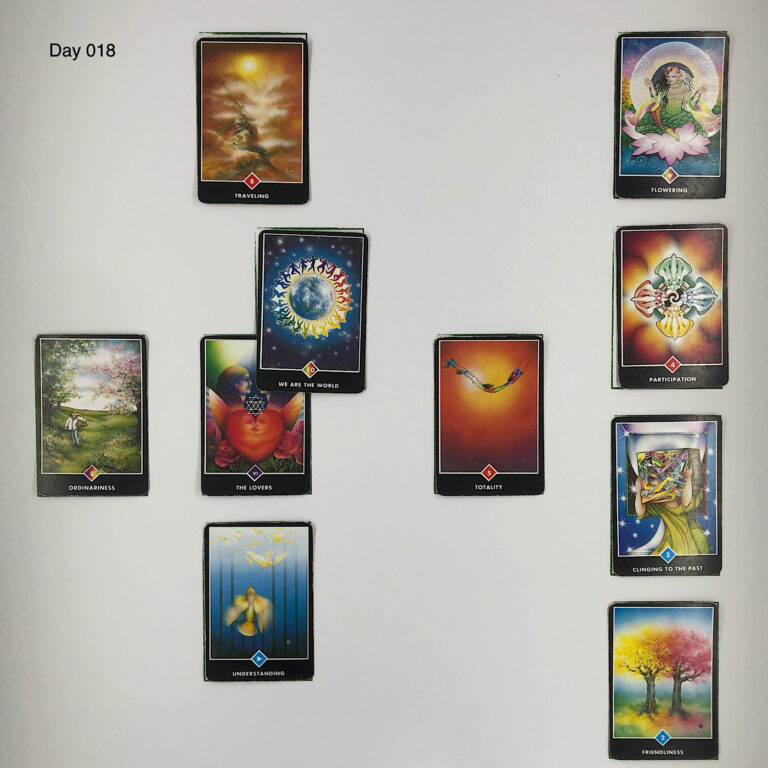 Celtic Cross Layout of daily cards.1 is Now, card is The Lovers. 2 is Influence, card is We are the World. 3 is Goal, card is Traveling. 4 is Distant Past, card is Trust. 5 is Recent Past, card is Understanding. 6 is Future Energy, card is Ordinariness. 7 is Feelings, card is Friendliness. 8 is Others’ views, card is Clinging to the Past. 9 is Hopes & Fears, card is Participation. 10 is Outcome, card is Flowering.