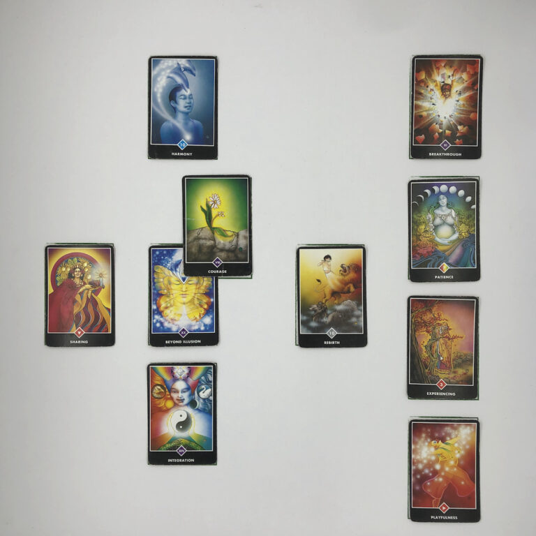 Celtic Cross Layout of daily cards.1 is Now, card is Beyond Illusion.2 is Influence, card is Courage.3 is Goal, card is Harmony.4 is Distant Past, card is Rebirth.5 is Recent Past, card is Integration.6 is Future Energy, card is Sharing.7 is Feelings, card is Playfulness.8 is Others’ views, card is Experiencing.9 is Hopes & Fears, card is Patience.10 is Outcome, card is Breakthrough.