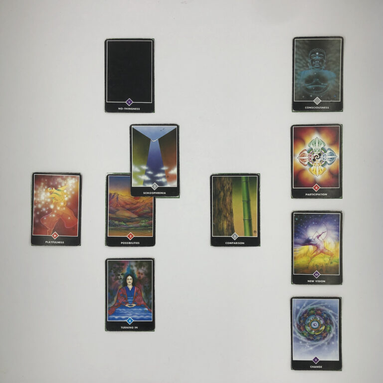 Celtic Cross Layout of daily cards.1 is Now, card is Possibilities.2 is Influence, card is Schizophrenia.3 is Goal, card is Nothingness.4 is Distant Past, card is Comparison.5 is Recent Past, card is Turning In.6 is Future Energy, card is Playfulness.7 is Feelings, card is Change.8 is Others’ views, card is New Vision.9 is Hopes & Fears, card is Participation.10 is Outcome, card is Consciousness.