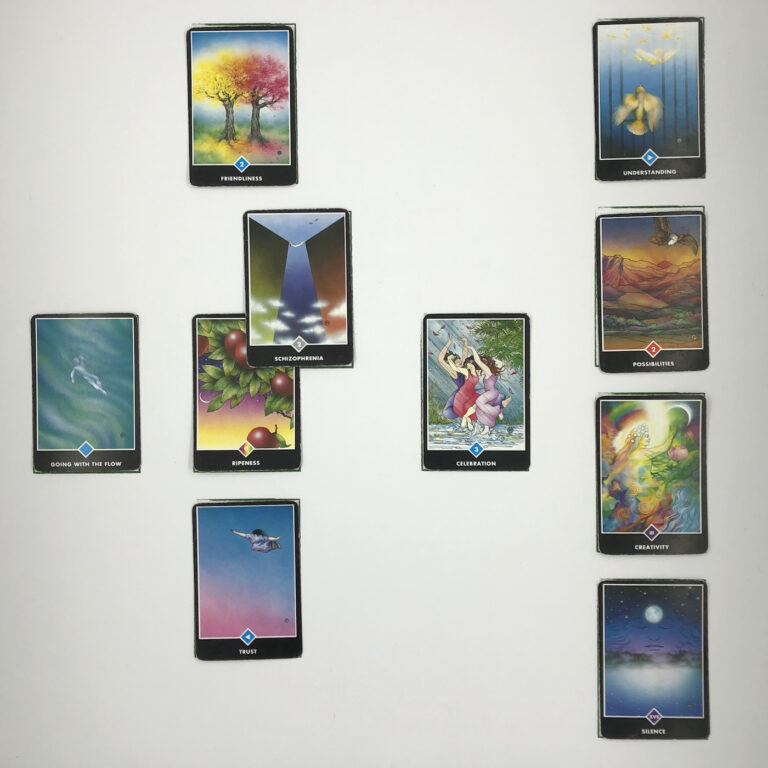 Celtic Cross Layout of daily cards.1 is Now, card is Ripeness.2 is Influence, card is Schizophrenia.3 is Goal, card is Friendliness.4 is Distant Past, card is Celebration.5 is Recent Past, card is Trust.6 is Future Energy, card is Going with the Flow.7 is Feelings, card is Silence.8 is Others’ views, card is Creativity.9 is Hopes & Fears, card is Possibilities.10 is Outcome, card is Understanding.