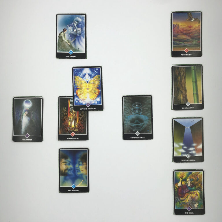 Celtic Cross Layout of daily cards.1 is Now, card is Suppression. 2 is Influence, card is Beyond Illusion. 3 is Goal, card is The Dream. 4 is Distant Past, card is Consciousness. 5 is Recent Past, card is Projections. 6 is Future Energy, card is The Master. 7 is Feelings, card is The Rebel. 8 is Others’ views, card is Schizophrenia. 9 is Hopes & Fears, card is Comparison. 10 is Outcome, card is Possibilities.