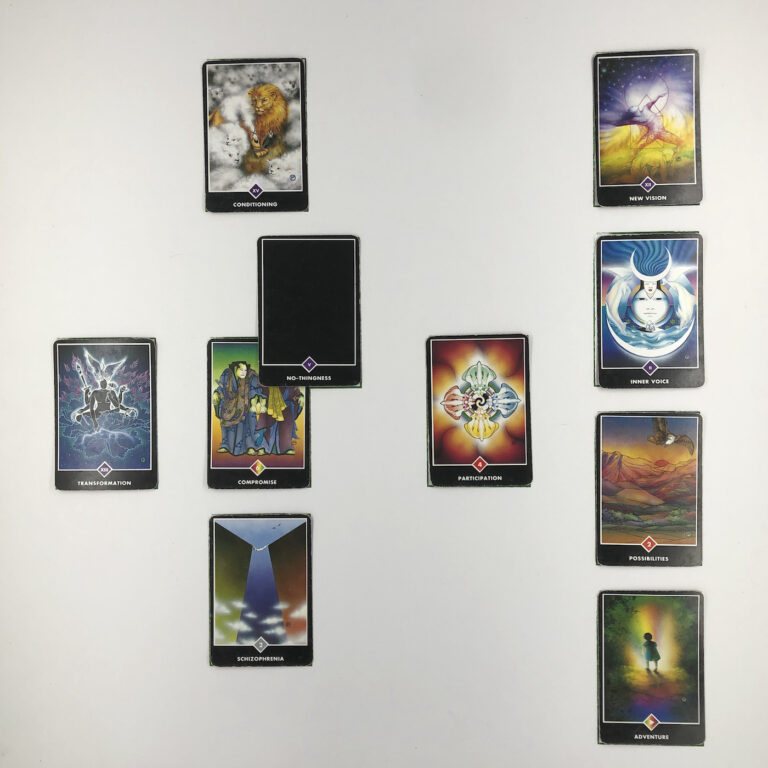 Celtic Cross Layout of daily cards.1 is Now, card is Compromise. 2 is Influence, card is No-thingness. 3 is Goal, card is Conditioning. 4 is Distant Past, card is Participation. 5 is Recent Past, card is Schizophrenia. 6 is Future Energy, card is Transformation. 7 is Feelings, card is Adventure. 8 is Others’ views, card is Possibilities. 9 is Hopes & Fears, card is Inner Voice. 10 is Outcome, card is New Vision.