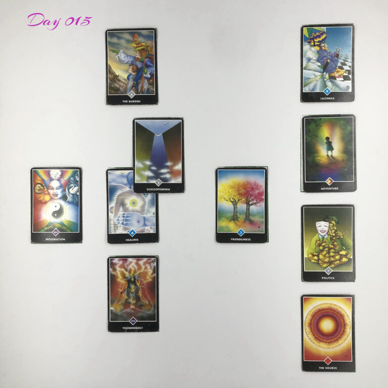 Celtic Cross Layout of daily cards.1 is Now, card is Healing. 2 is Influence, card is Schizophrenia. 3 is Goal, card is The Burden. 4 is Distant Past, card is Friendliness. 5 is Recent Past, card is Thunderbolt. 6 is Future Energy, card is Integration. 7 is Feelings, card is The Source. 8 is Others’ views, card is Politics. 9 is Hopes & Fears, card is Adventure. 10 is Outcome, card is Laziness.