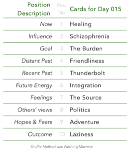 Tabled list: position number, description, and daily card.1 is Now, card is Healing. 2 is Influence, card is Schizophrenia. 3 is Goal, card is The Burden. 4 is Distant Past, card is Friendliness. 5 is Recent Past, card is Thunderbolt. 6 is Future Energy, card is Integration. 7 is Feelings, card is The Source. 8 is Others’ views, card is Politics. 9 is Hopes & Fears, card is Adventure. 10 is Outcome, card is Laziness. Shuffle Method used was Washing Machine.