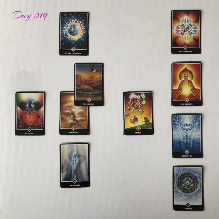 Celtic Cross Layout of daily cards.1 is Now, card is Traveling.2 is Influence, card is Possibilities.3 is Goal, card is We are the World.4 is Distant Past, card is Stress.5 is Recent Past, card is Awareness.6 is Future Energy, card is The Lovers.7 is Feelings, card is Change.8 is Others’ views, card is Receptivity.9 is Hopes & Fears, card is The Creator. 10 is Outcome, card is Participation.