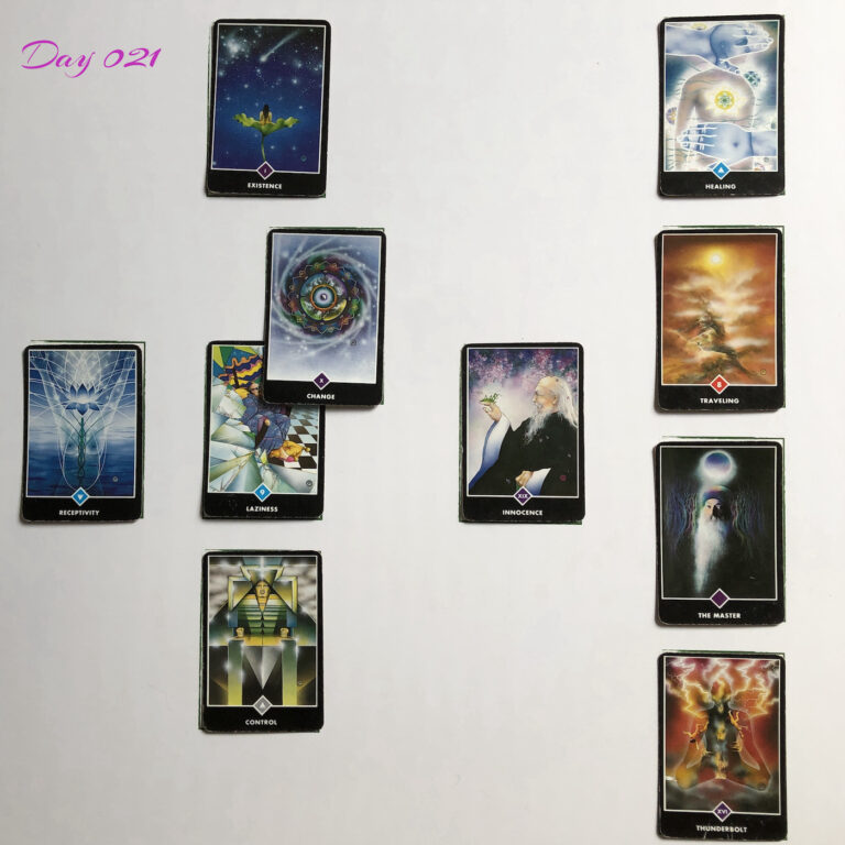 Celtic Cross Layout of daily cards. 1 is Now, card is Laziness. 2 is Influence, card is Change. 3 is Goal, card is Existence. 4 is Distant Past, card is Innocence. 5 is Recent Past, card is Control. 6 is Future Energy, card is Receptivity. 7 is Feelings, card is Thunderbolt. 8 is Others’ views, card is The Master. 9 is Hopes & Fears, card is Traveling. 10 is Outcome, card is Healing.