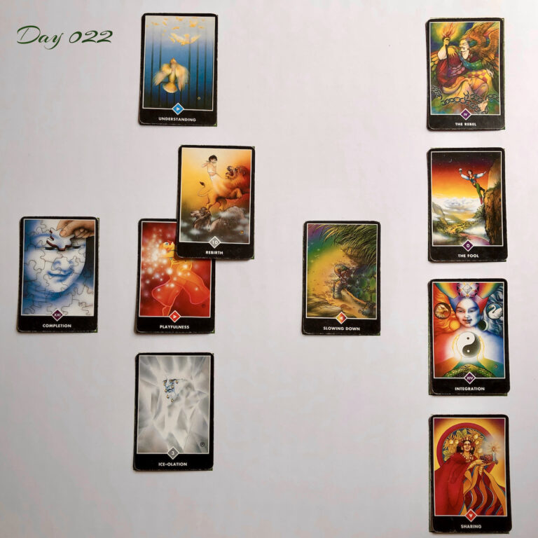 Celtic Cross Layout of daily cards. 1 is Now, card is Playfulness. 2 is Influence, card is Rebirth. 3 is Goal, card is Understanding. 4 is Distant Past, card is Slowing Down. 5 is Recent Past, card is Ice-olation. 6 is Future Energy, card is Completion. 7 is Feelings, card is Sharing. 8 is Others’ views, card is Integration. 9 is Hopes & Fears, card is The Fool. 10 is Outcome, card is The Rebel.