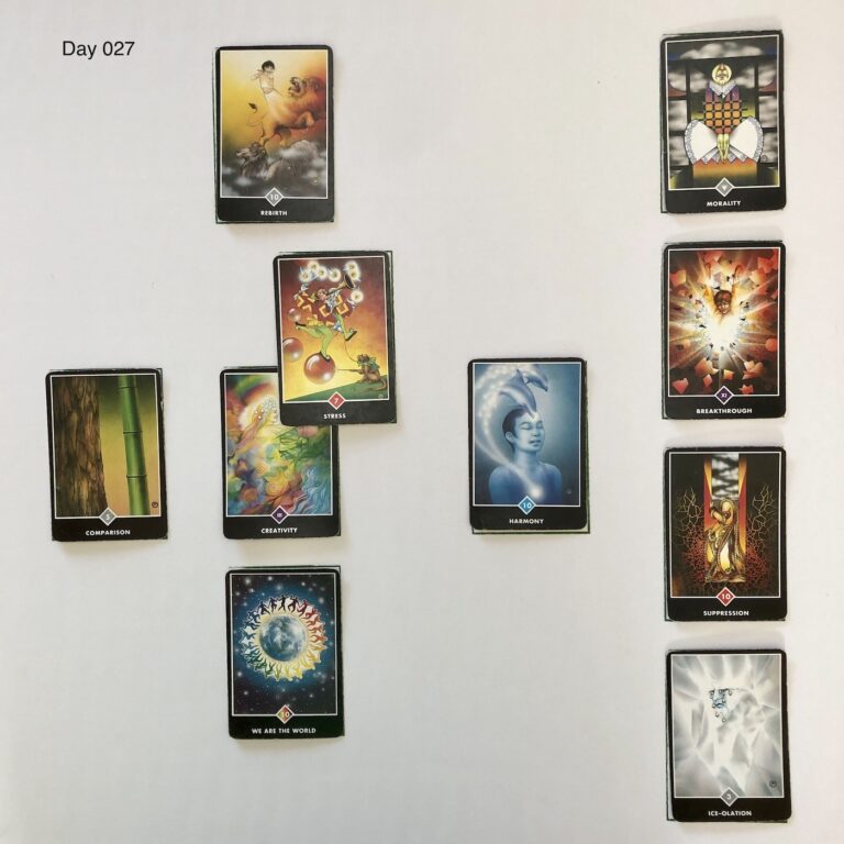 Celtic Cross Layout of daily cards. 1 is Now, card is Creativity. 2 is Influence, card is Stress. 3 is Goal, card is Rebirth. 4 is Distant Past, card is Harmony. 5 is Recent Past, card is We are the World. 6 is Future Energy, card is Comparison. 7 is Feelings, card is Ice-olation. 8 is Others’ views, card is Suppression. 9 is Hopes & Fears, card is Breakthrough. 10 is Outcome, card is Morality.