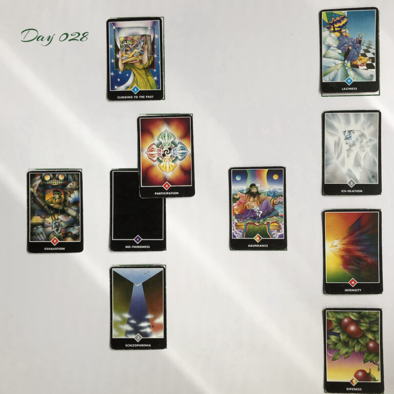 Celtic Cross Layout of daily cards. 1 is Now, card is No-thingness. 2 is Influence, card is Participation. 3 is Goal, card is Clinging to the Past. 4 is Distant Past, card is Abundance. 5 is Recent Past, card is Schizophrenia. 6 is Future Energy, card is Exhaustion. 7 is Feelings, card is Ripeness. 8 is Others’ views, card is Intensity. 9 is Hopes & Fears, card is Ice-olation. 10 is Outcome, card is Laziness.