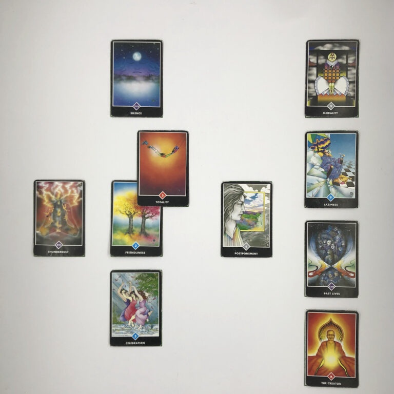Celtic Cross Layout of daily cards.1 is Now, card is Friendliness.2 is Influence, card is Totality.3 is Goal, card is Silence.4 is Distant Past, card is Postponement.5 is Recent Past, card is Celebration.6 is Future Energy, card is Thunderbolt.7 is Feelings, card is The Creator.8 is Others’ views, card is Past Lives.9 is Hopes & Fears, card is Laziness.10 is Outcome, card is Morality.