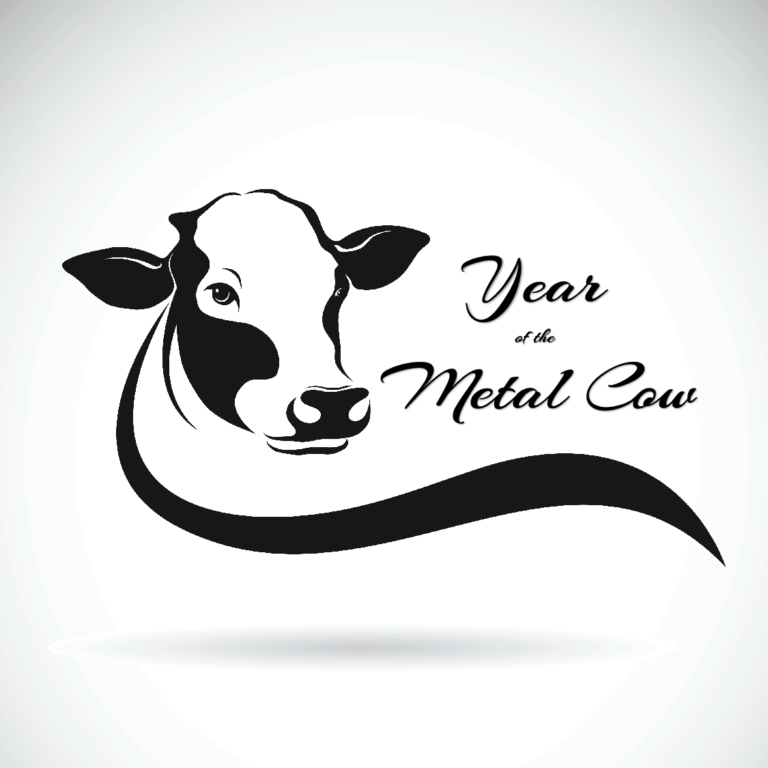 Stylised image of cow looking over shoulder with text of Year of the Metal Cow.