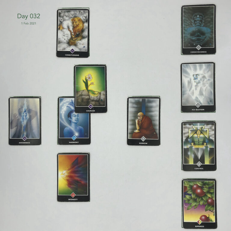 Celtic Cross Layout of daily cards. 1 is Now, card is Harmony. 2 is Influence, card is Courage. 3 is Goal, card is Conditioning. 4 is Distant Past, card is Sorrow. 5 is Recent Past, card is Intensity. 6 is Future Energy, card is Awareness. 7 is Feelings, card is Ripeness. 8 is Others’ views, card is Control. 9 is Hopes & Fears, card is Ice-olation. 10 is Outcome, card is Consciousness.