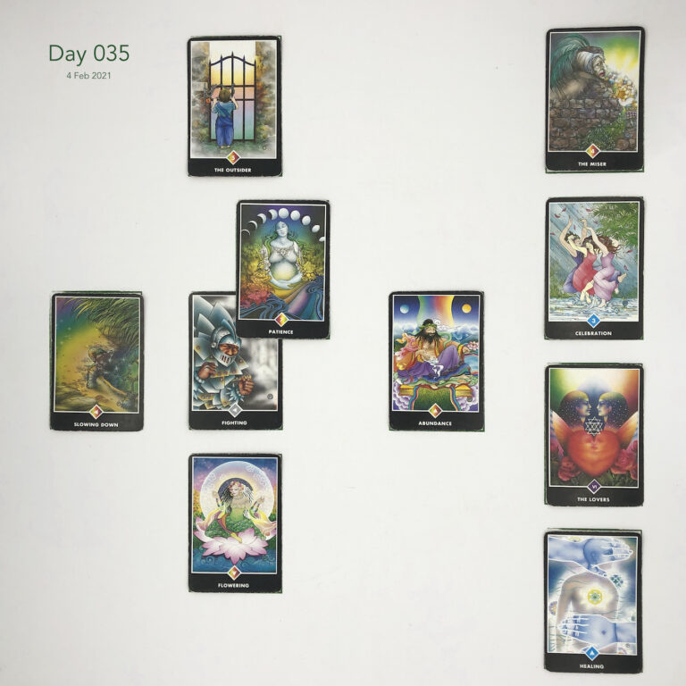 Day 035. Celtic Cross Layout of daily cards.1 is Now, card is Fighting. 2 is Influence, card is Patience. 3 is Goal, card is The Outsider. 4 is Distant Past, card is Abundance. 5 is Recent Past, card is Flowering. 6 is Future Energy, card is Slowing Down. 7 is Feelings, card is Healing. 8 is Others’ views, card is The Lovers. 9 is Hopes & Fears, card is Celebration. 10 is Outcome, card is The Miser.