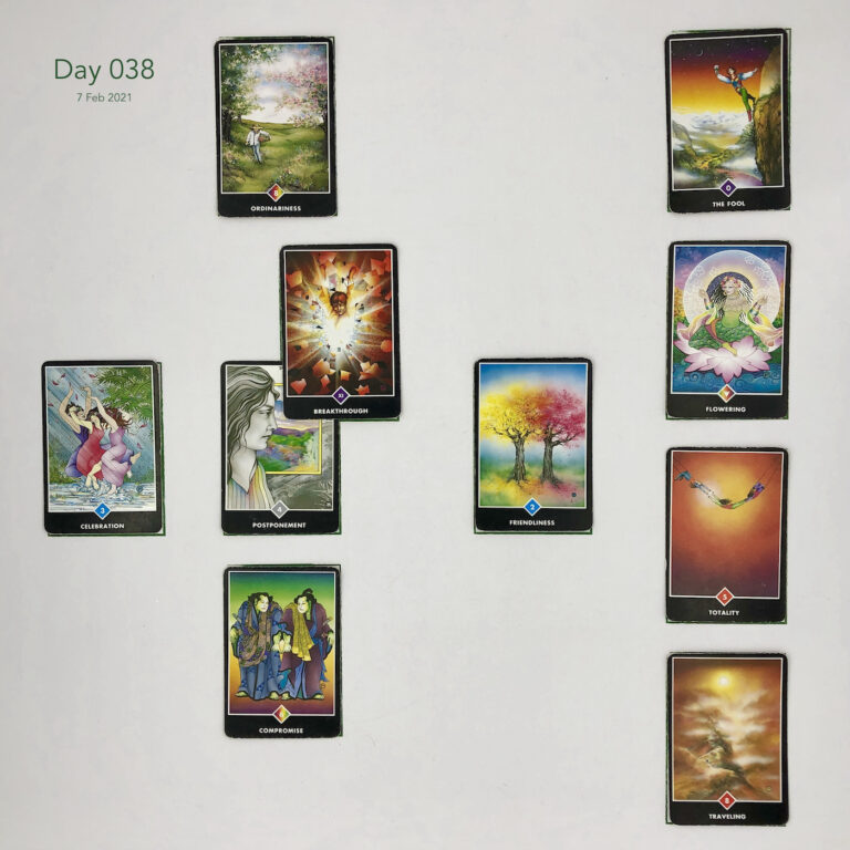 Day 038. Celtic Cross Layout of daily cards.1 is Now, card is Postponement. 2 is Influence, card is Breakthrough. 3 is Goal, card is Ordinariness. 4 is Distant Past, card is Friendliness. 5 is Recent Past, card is Compromise. 6 is Future Energy, card is Celebration. 7 is Feelings, card is Traveling. 8 is Others’ views, card is Totality. 9 is Hopes & Fears, card is Flowering. 10 is Outcome, card is The Fool.