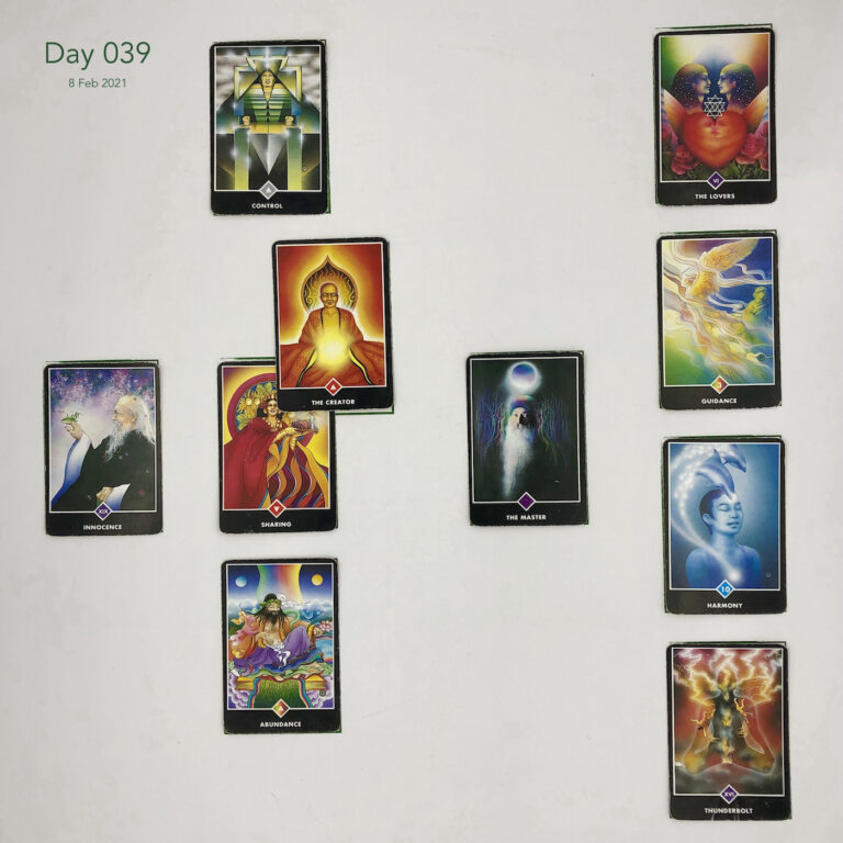 Day 039. Celtic Cross Layout of daily cards.1 is Now, card is Sharing. 2 is Influence, card is The Creator. 3 is Goal, card is Control. 4 is Distant Past, card is The Master. 5 is Recent Past, card is Abundance. 6 is Future Energy, card is Innocence. 7 is Feelings, card is Thunderbolt. 8 is Others’ views, card is Harmony. 9 is Hopes & Fears, card is Guidance. 10 is Outcome, card is The Lovers.