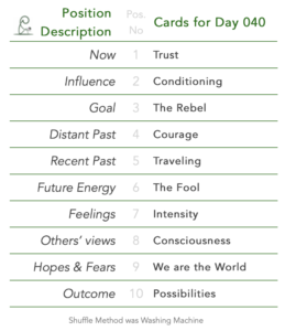 Day 040. Tabled list: position number, description, and daily card.1 is Now, card is Trust. 2 is Influence, card is Conditioning. 3 is Goal, card is The Rebel. 4 is Distant Past, card is Courage. 5 is Recent Past, card is Traveling. 6 is Future Energy, card is The Fool. 7 is Feelings, card is Intensity. 8 is Others’ views, card is Consciousness. 9 is Hopes & Fears, card is We are the World. 10 is Outcome, card is Possibilities. Shuffle Method used was Washing Machine.
