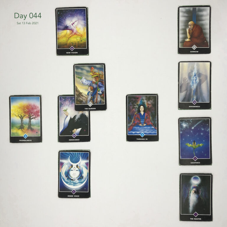 Day 044. Celtic Cross Layout of daily cards. 1 is Now, card is Innocence. 2 is Influence, card is The Burden. 3 is Goal, card is New Vision. 4 is Distant Past, card is Turning In. 5 is Recent Past, card is Inner Voice. 6 is Future Energy, card is Friendliness. 7 is Feelings, card is The Master. 8 is Others’ views, card is Existence. 9 is Hopes & Fears, card is Awareness. 10 is Outcome, card is Sorrow.