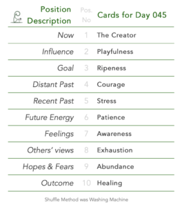 Day 045. Tabled list: position number, description, and daily card.1 is Now, card is The Creator. 2 is Influence, card is Playfulness. 3 is Goal, card is Ripeness. 4 is Distant Past, card is Courage. 5 is Recent Past, card is Stress. 6 is Future Energy, card is Patience. 7 is Feelings, card is Awareness. 8 is Others’ views, card is Exhaustion. 9 is Hopes & Fears, card is Abundance. 10 is Outcome, card is Healing. Shuffle Method used was Washing Machine.