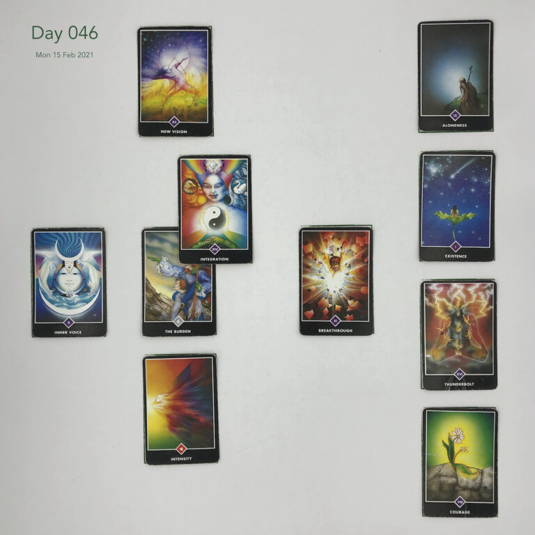 Day 046. Celtic Cross Layout of daily cards.1 is Now, card is The Burden. 2 is Influence, card is Integration. 3 is Goal, card is New Vision. 4 is Distant Past, card is Breakthrough. 5 is Recent Past, card is Intensity. 6 is Future Energy, card is Inner Voice. 7 is Feelings, card is Courage. 8 is Others’ views, card is Thunderbolt. 9 is Hopes & Fears, card is Existence. 10 is Outcome, card is Aloneness.