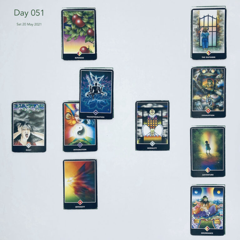 Day 051. Celtic Cross Layout of daily cards.1 is Now, card is Integration. 2 is Influence, card is Transformation. 3 is Goal, card is Ripeness. 4 is Distant Past, card is Morality. 5 is Recent Past, card is Intensity. 6 is Future Energy, card is Guilt. 7 is Feelings, card is Abundance. 8 is Others’ views, card is Adventure. 9 is Hopes & Fears, card is Exhaustion. 10 is Outcome, card is The Outsider.