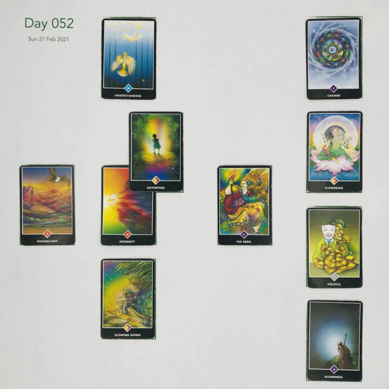 Day 052. Celtic Cross Layout of daily cards.1 is Now, card is Intensity. 2 is Influence, card is Adventure. 3 is Goal, card is Understanding. 4 is Distant Past, card is The Rebel. 5 is Recent Past, card is Slowing Down. 6 is Future Energy, card is Possibilities. 7 is Feelings, card is Aloneness. 8 is Others’ views, card is Politics. 9 is Hopes & Fears, card is Flowering. 10 is Outcome, card is Change.