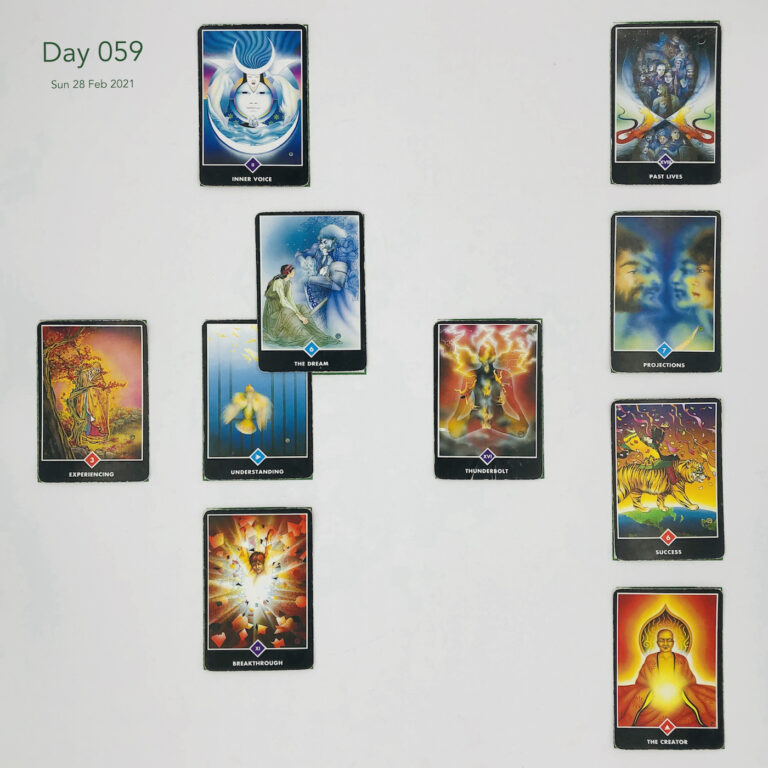 Day 059. Celtic Cross Layout of daily cards. 1 is Now, card is Understanding. 2 is Influence, card is The Dream. 3 is Goal, card is Inner Voice. 4 is Distant Past, card is Thunderbolt. 5 is Recent Past, card is Breakthrough. 6 is Future Energy, card is Experiencing. 7 is Feelings, card is The Creator. 8 is Others’ views, card is Success. 9 is Hopes & Fears, card is Projections. 10 is Outcome, card is Past Lives.